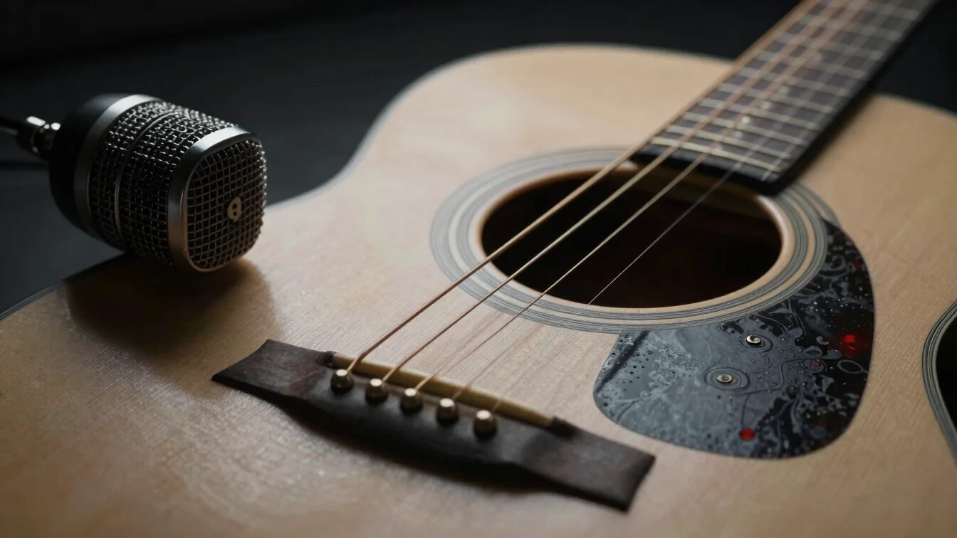 Macro detail of an acoustic guitar soundhole and bridge with a vi