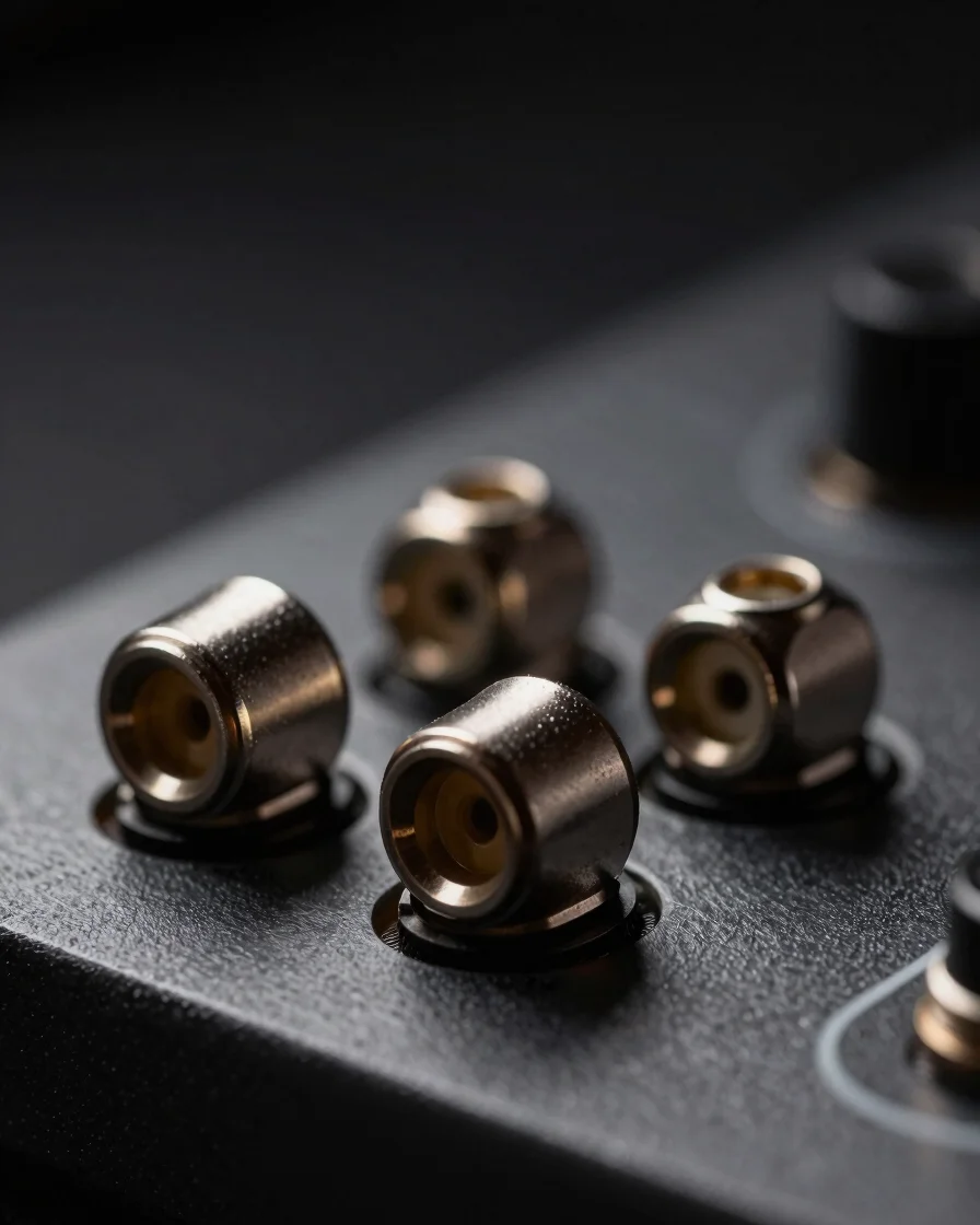 Close-up macro shot of a high-end audio interface's inputs, showing detailed metal textures and precise XLR connections,
