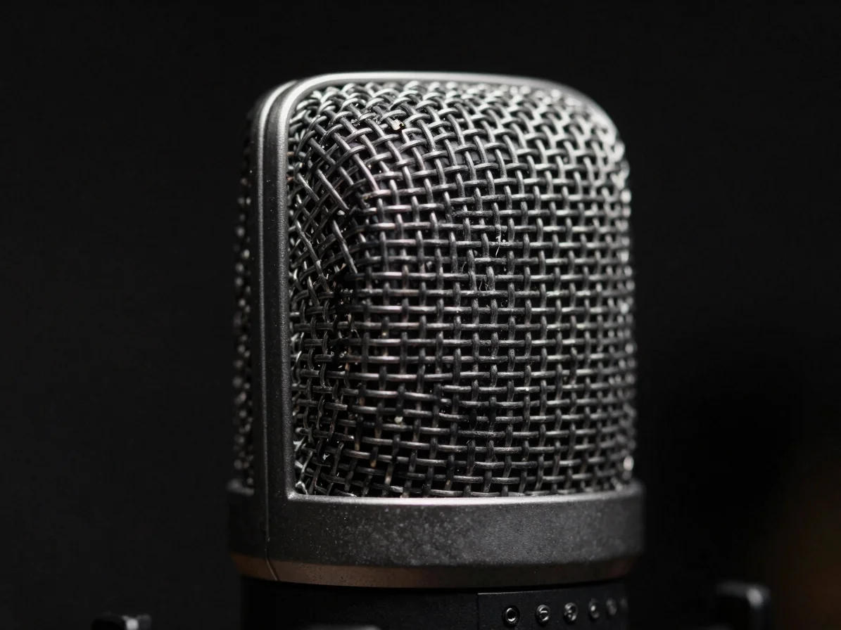 close-up macro shot of a large-diaphragm condenser microphone gri