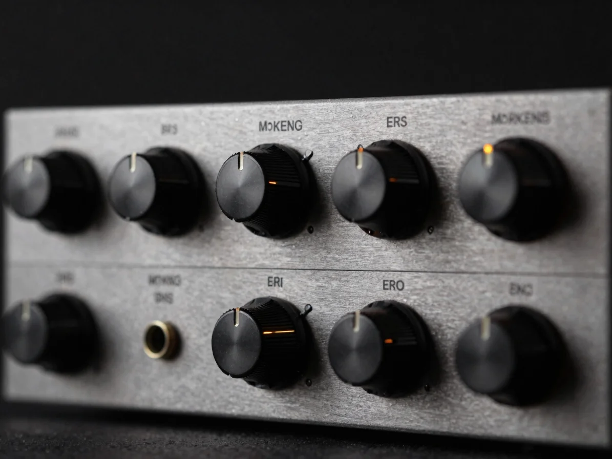 close-up macro shot of a vintage tube preamplifier's front panel