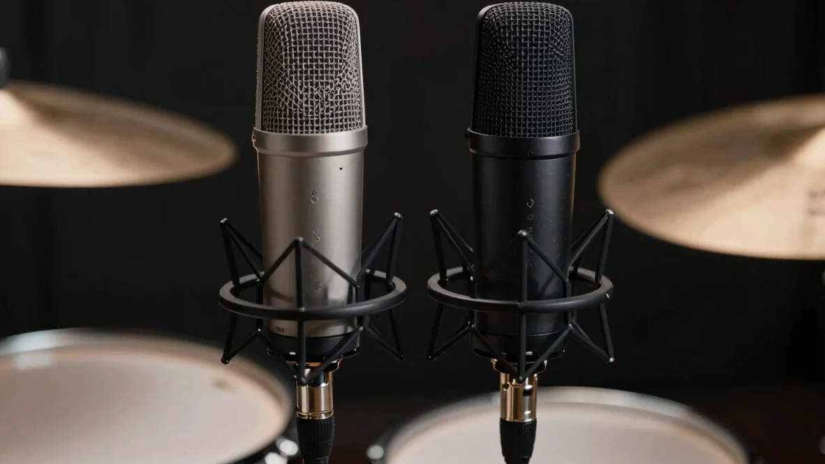 Close-up macro shot of a stereo pair of small diaphragm condenser